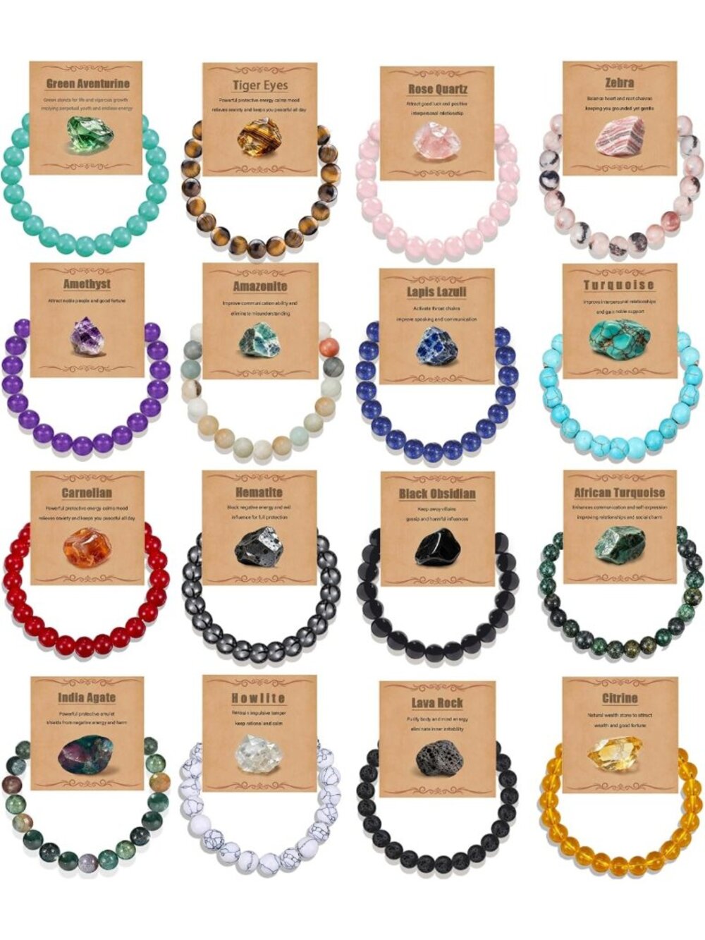 16Pcs 8mm Natural Stone Healing Crystal Beaded Bracelets for Women - Boho Style